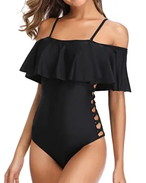 Off Shoulder One Piece Swimsuits With Ruffle For Women-Black