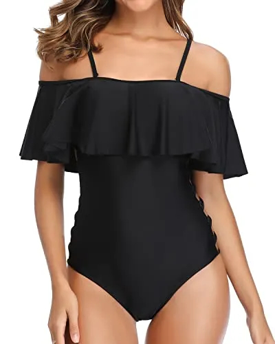 Off Shoulder One Piece Swimsuits With Ruffle For Women-Black