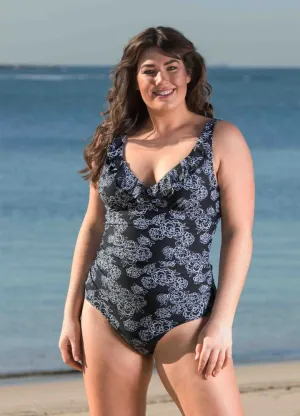 One Piece Rose Print Frilled
