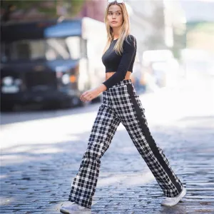 Plaid Patchwork High Waist Wide-leg Long Pants
