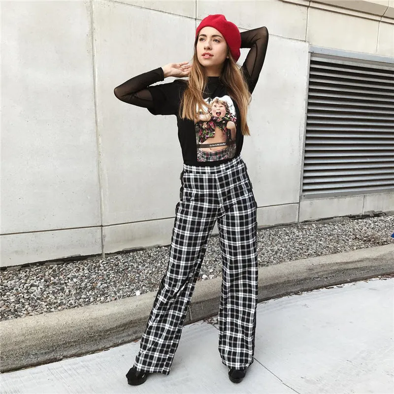 Plaid Patchwork High Waist Wide-leg Long Pants