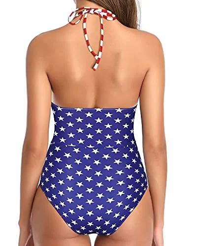 Plunge V Neck One Piece Swimsuit For Women Tummy Control Halter Bathing Suit-National Flag