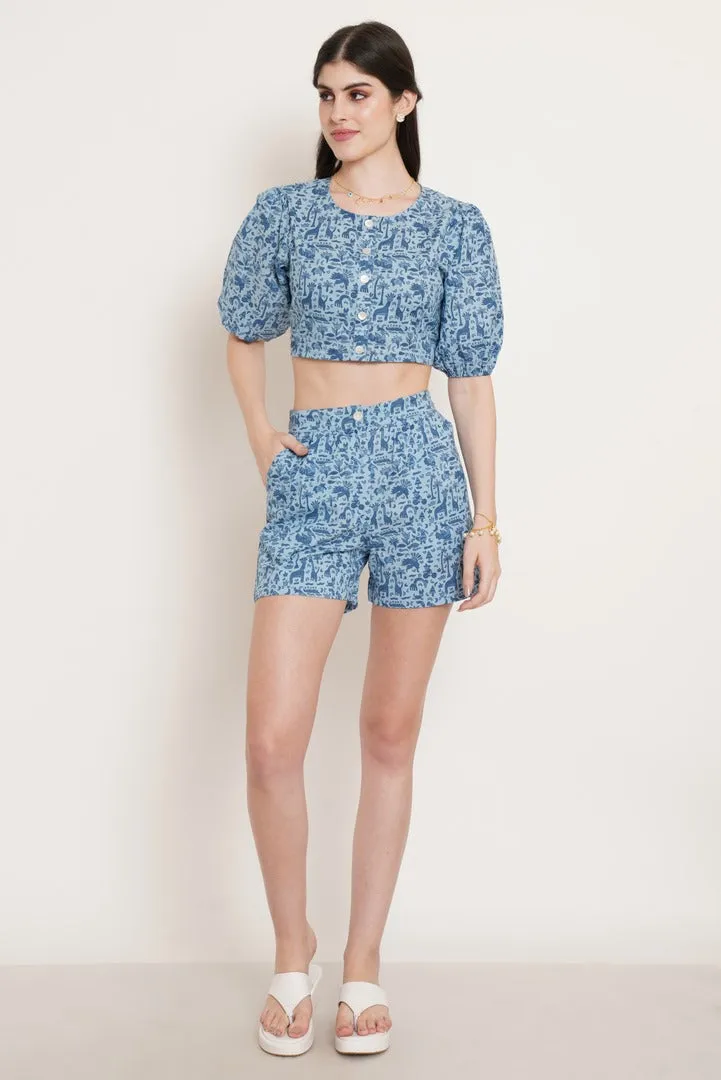 Printed Cotton Top and Shorts Co-Ord Set For Women