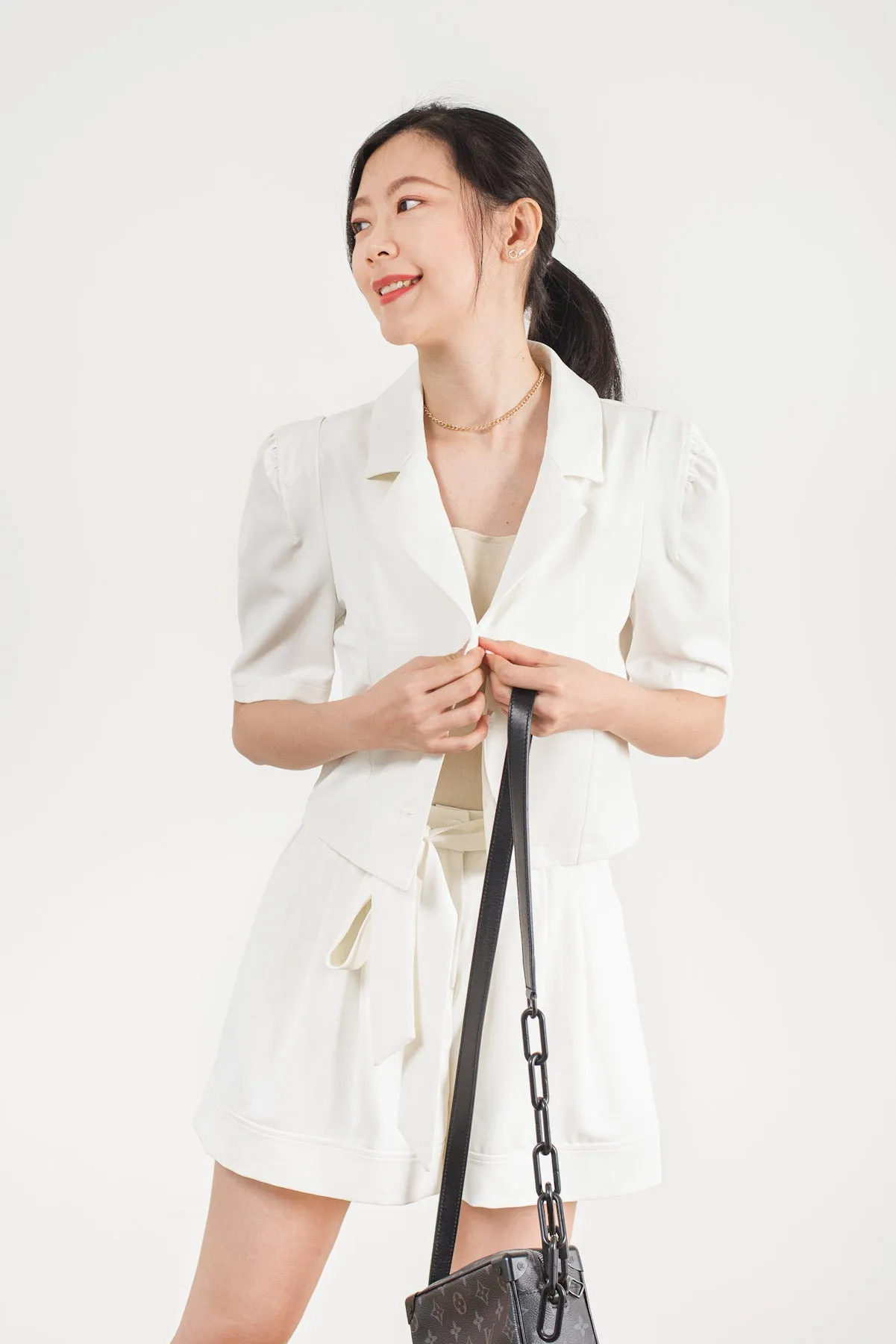 Puff Sleeve Top & Self Tie Short Suit Set
