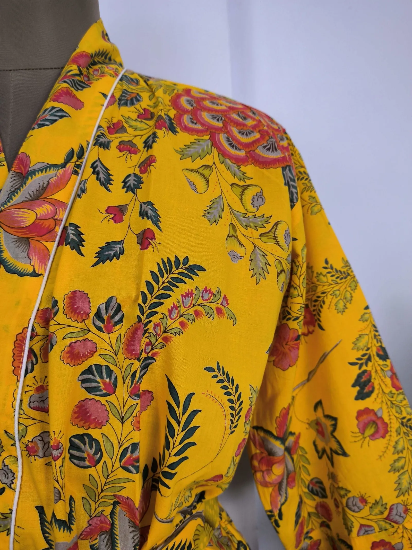 Pure Cotton Kimono Indian Handprinted Boho House Robe Summer Dress | Yellow Green Red Floral | Beach Cover Up Wear | Christmas Present
