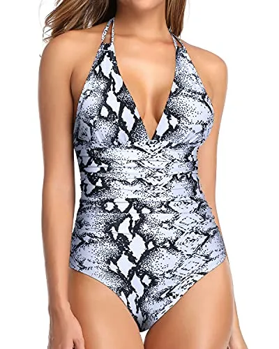 Push Up Women One Piece Swimsuit Halter Sexy Plunge V Neck Swimwear-Black And White Snake Print