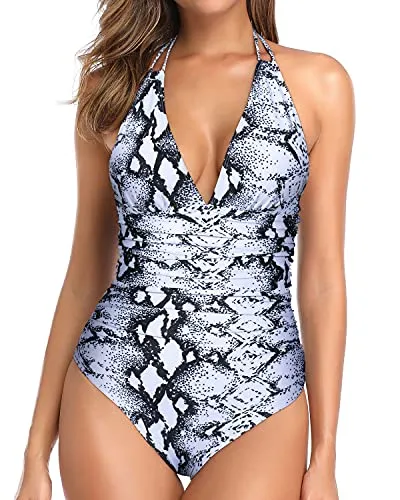 Push Up Women One Piece Swimsuit Halter Sexy Plunge V Neck Swimwear-Black And White Snake Print