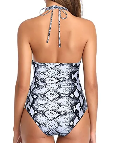 Push Up Women One Piece Swimsuit Halter Sexy Plunge V Neck Swimwear-Black And White Snake Print