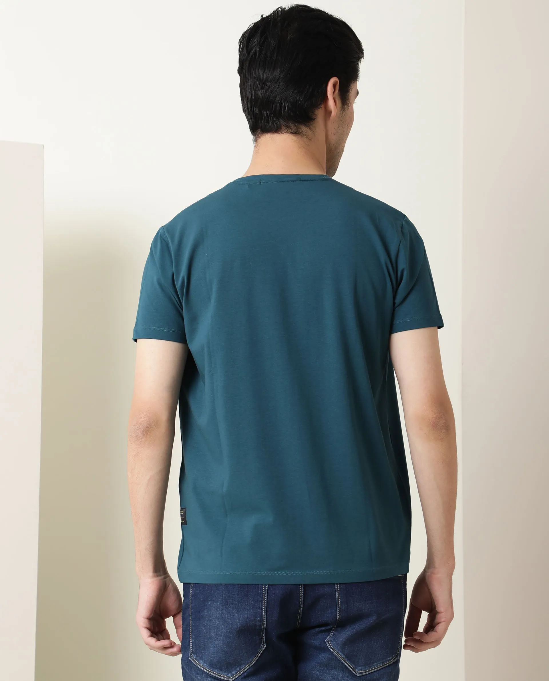 Rare Rabbit Men's Rotor Petrol Cotton Lycra Fabric Crew Neck Half Sleeves Regular Fit Brushstroke Print T-Shirt
