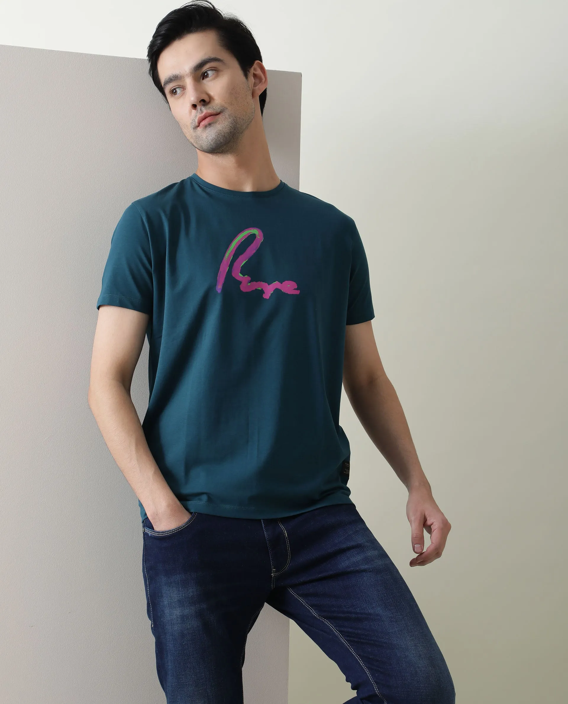 Rare Rabbit Men's Rotor Petrol Cotton Lycra Fabric Crew Neck Half Sleeves Regular Fit Brushstroke Print T-Shirt