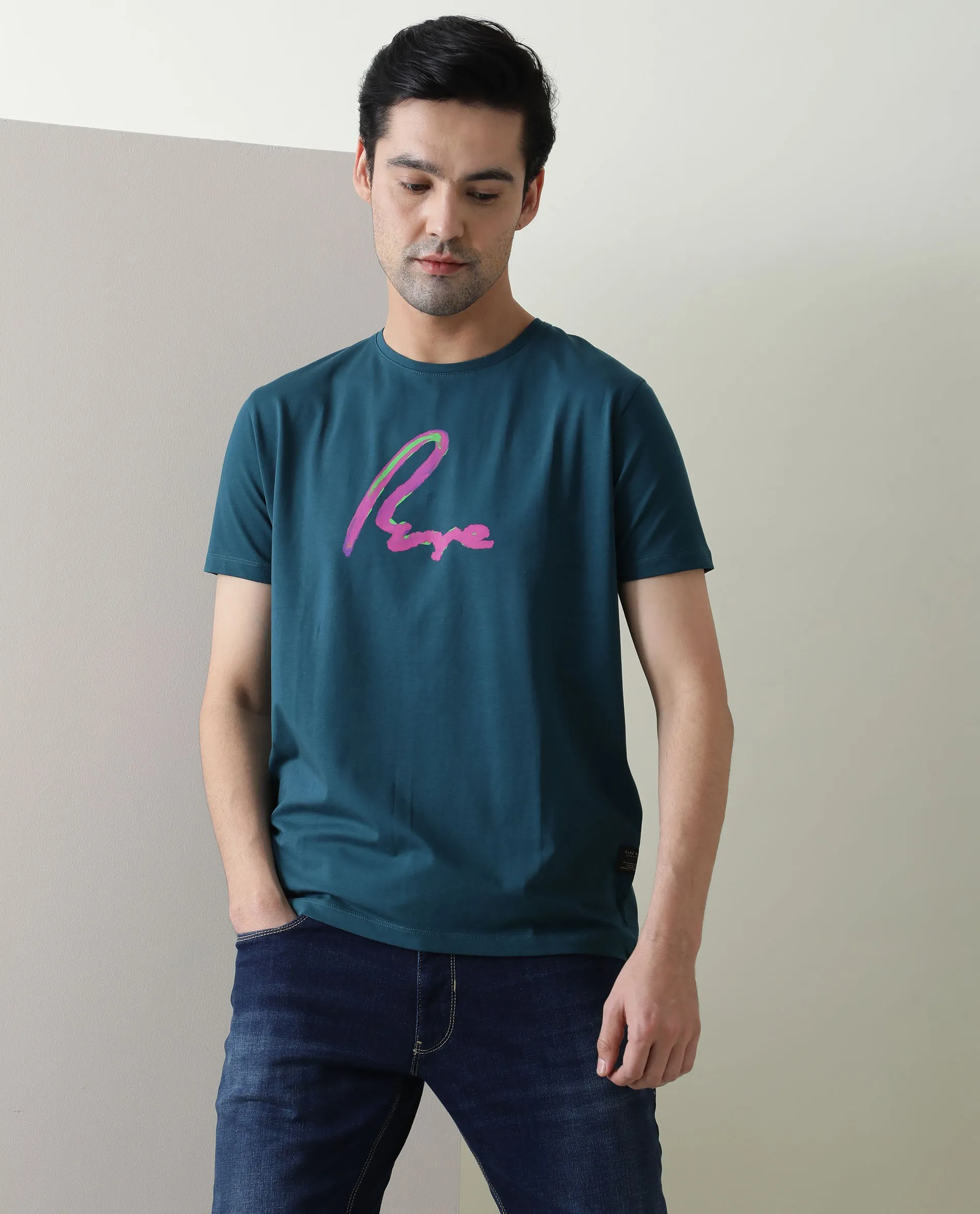 Rare Rabbit Men's Rotor Petrol Cotton Lycra Fabric Crew Neck Half Sleeves Regular Fit Brushstroke Print T-Shirt