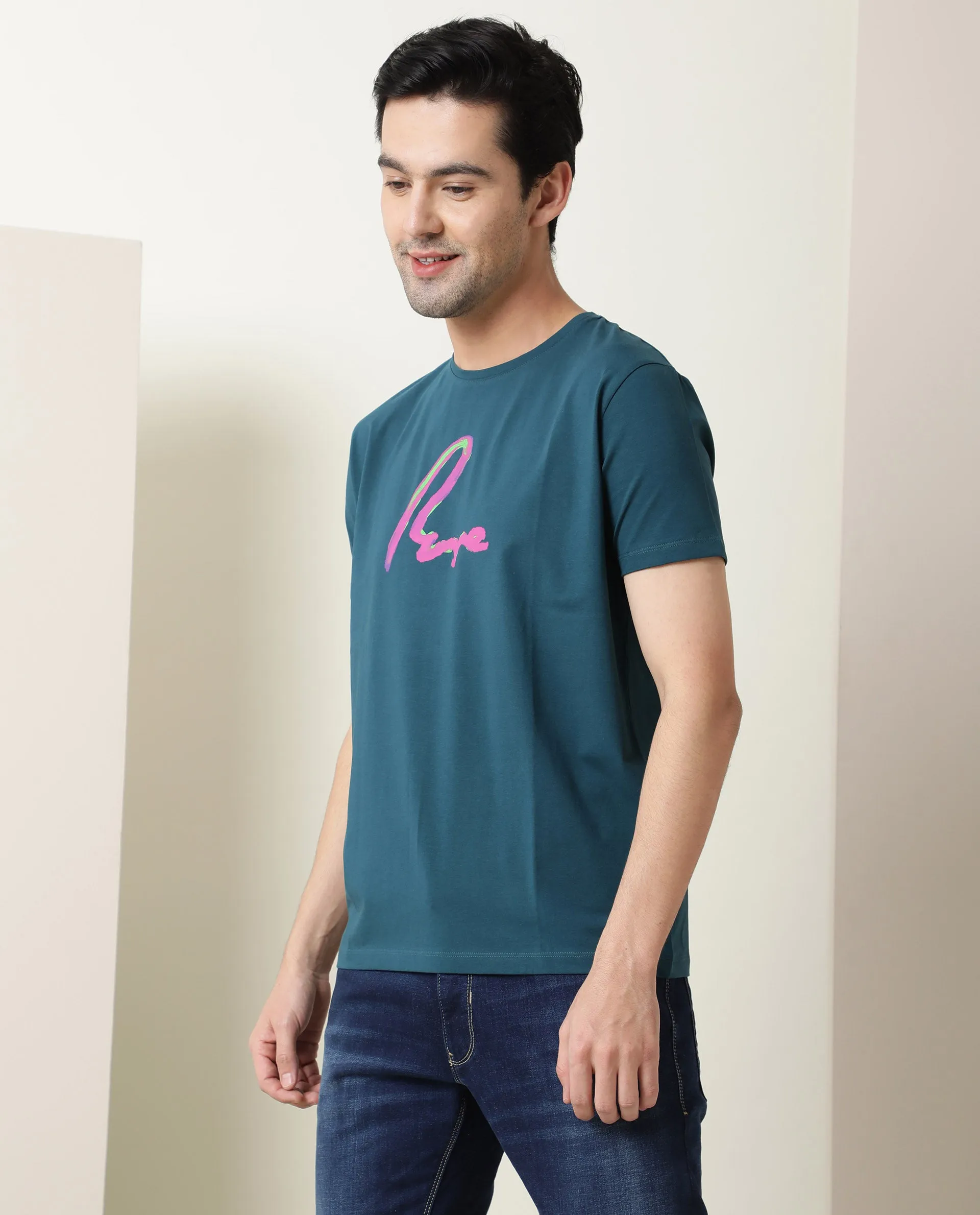 Rare Rabbit Men's Rotor Petrol Cotton Lycra Fabric Crew Neck Half Sleeves Regular Fit Brushstroke Print T-Shirt