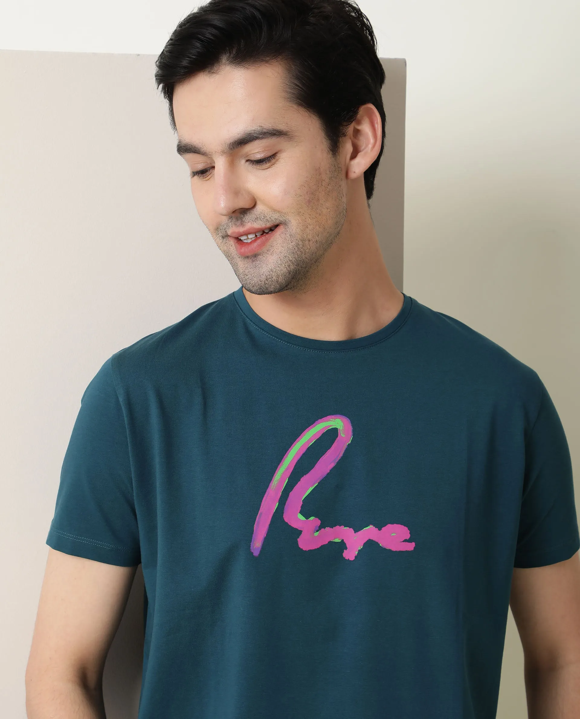 Rare Rabbit Men's Rotor Petrol Cotton Lycra Fabric Crew Neck Half Sleeves Regular Fit Brushstroke Print T-Shirt