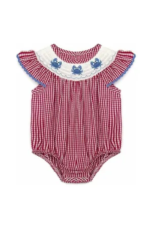 Red plaid crab smocked baby romper