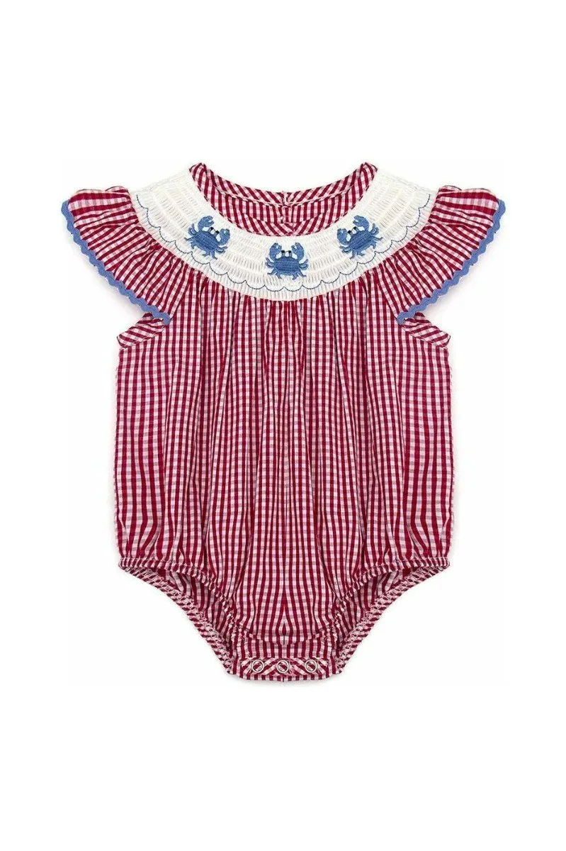 Red plaid crab smocked baby romper