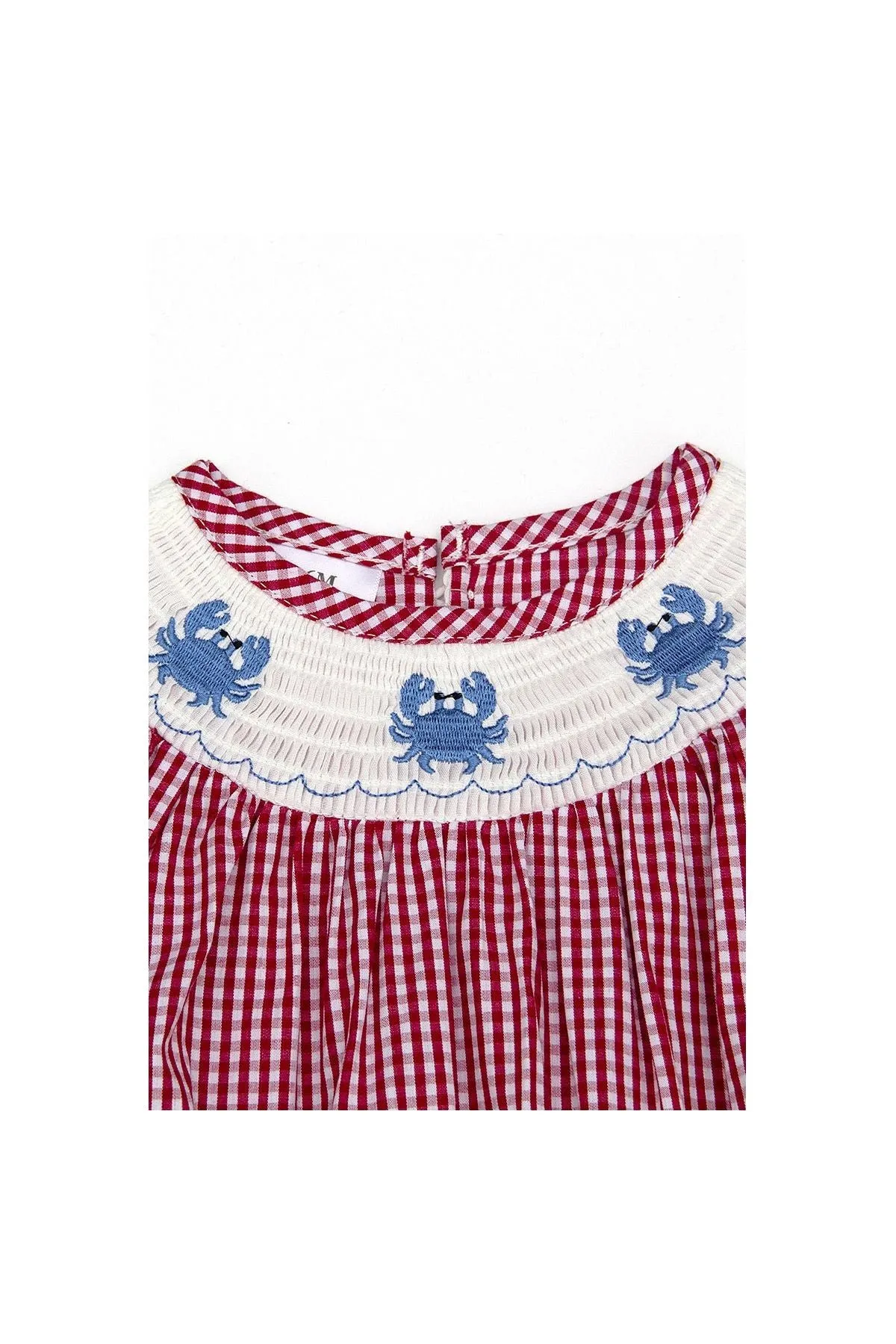 Red plaid crab smocked baby romper