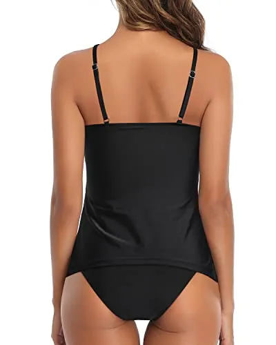 Ruched Halter Neck Swim Tankini Top With Bikini Bottom-Black
