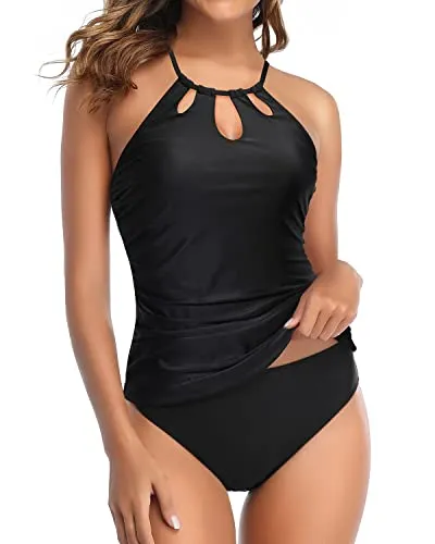 Ruched Halter Neck Swim Tankini Top With Bikini Bottom-Black