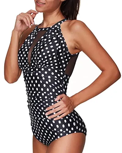 Ruched Monokini See-Through Mesh Women One Piece Swimsuit-Black Dot