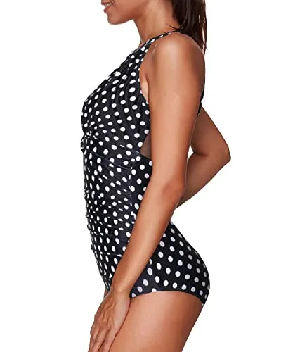 Ruched Monokini See-Through Mesh Women One Piece Swimsuit-Black Dot