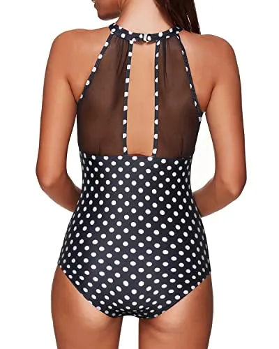 Ruched Monokini See-Through Mesh Women One Piece Swimsuit-Black Dot