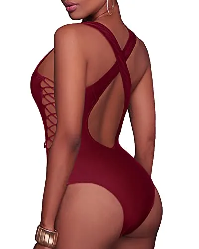 Sexy Thong One Piece Bathing Suits Strappy Criss Cross Swimsuit-Maroon
