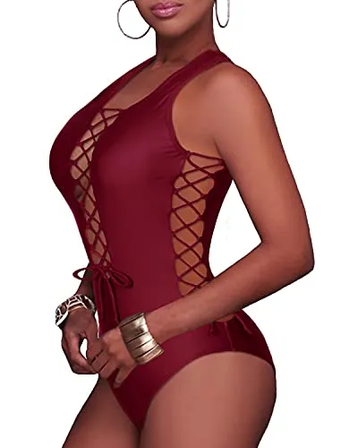 Sexy Thong One Piece Bathing Suits Strappy Criss Cross Swimsuit-Maroon