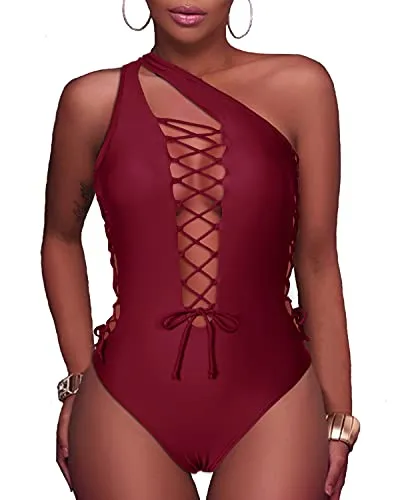 Sexy Thong One Piece Bathing Suits Strappy Criss Cross Swimsuit-Maroon