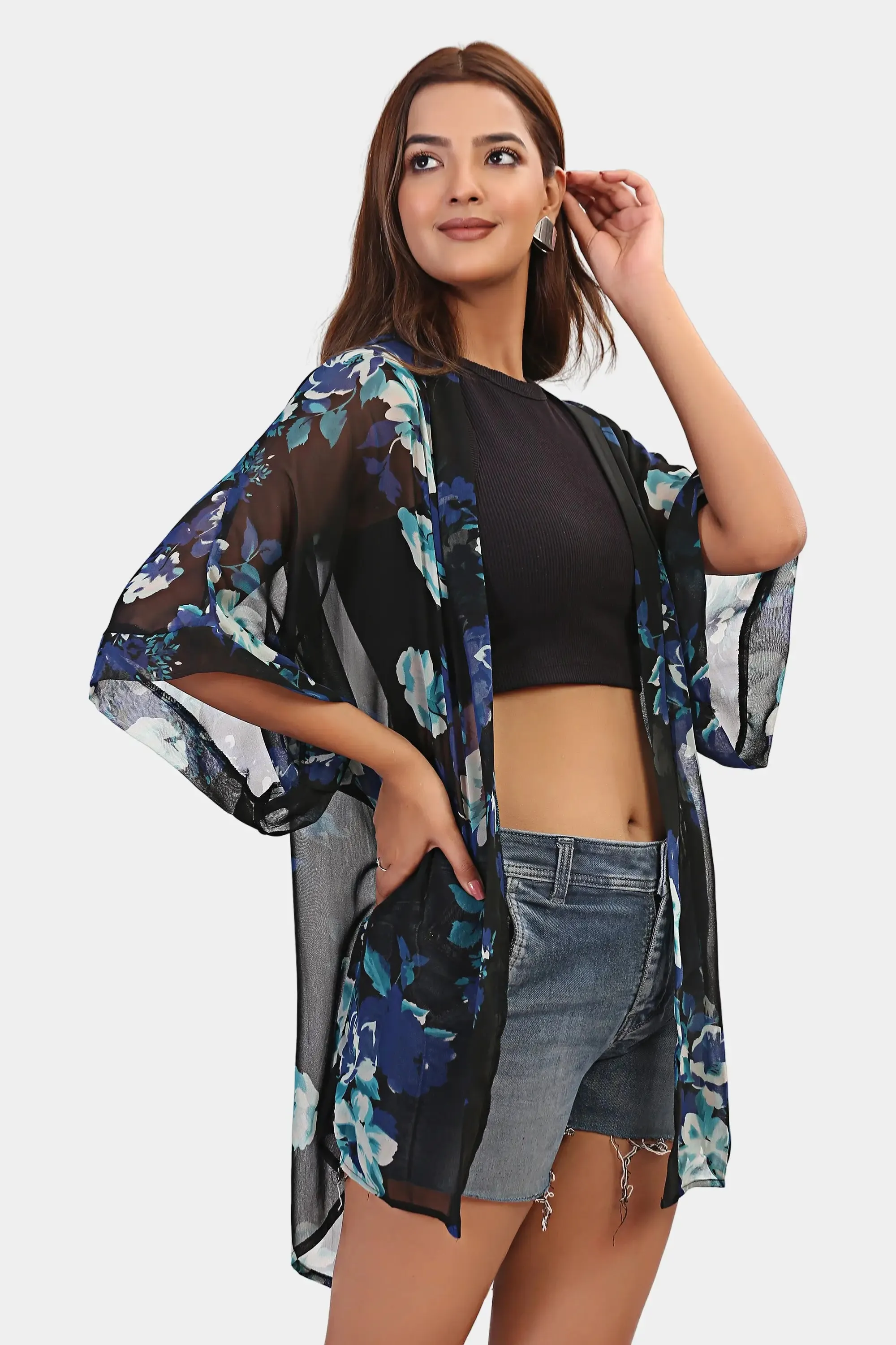 Sheer Floral Short Kimono Cover Up