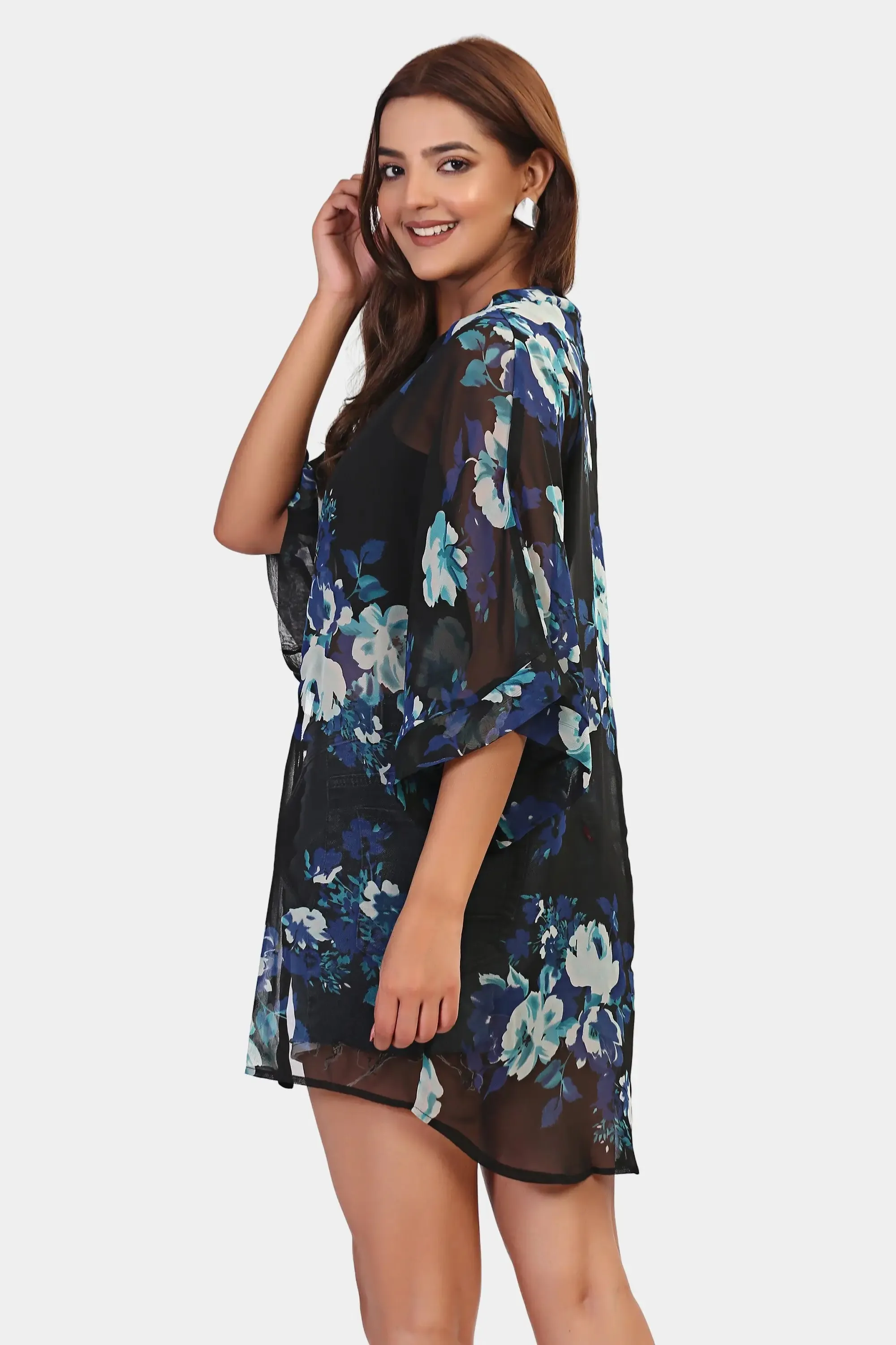 Sheer Floral Short Kimono Cover Up