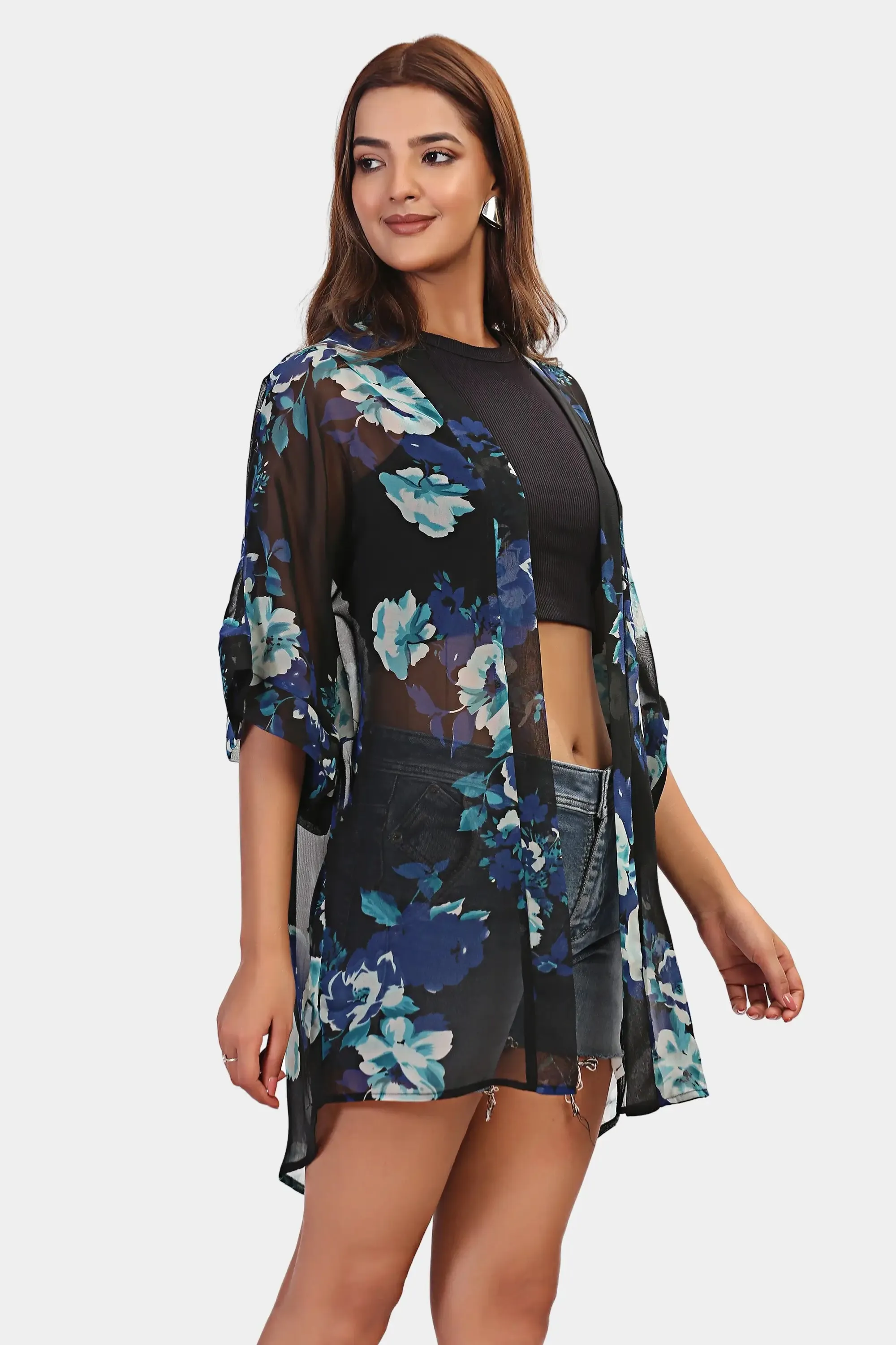 Sheer Floral Short Kimono Cover Up