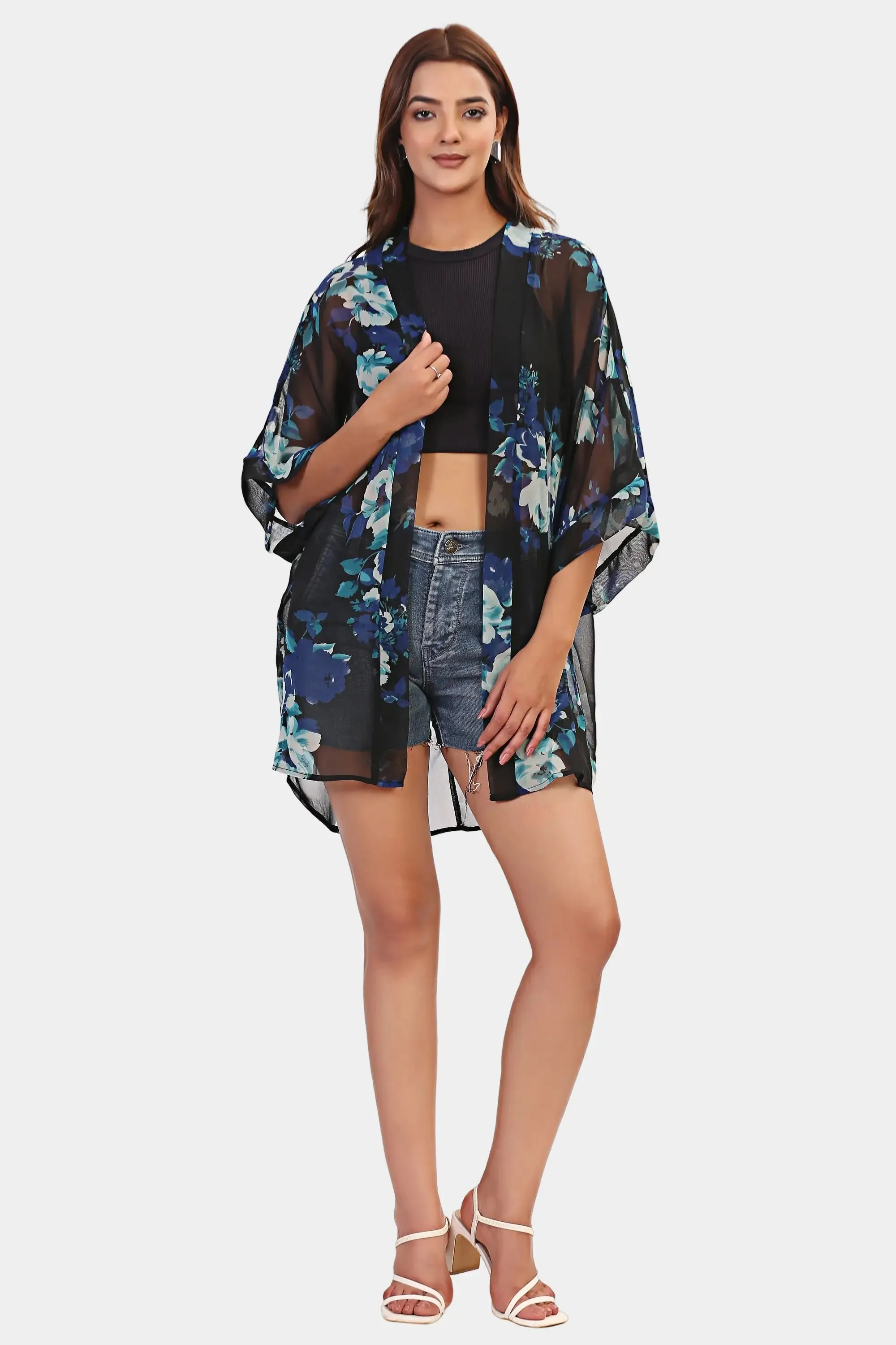 Sheer Floral Short Kimono Cover Up