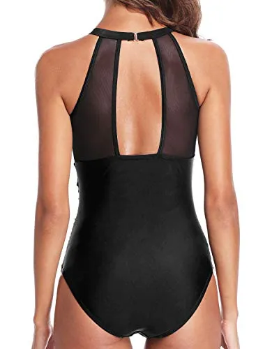 Sheer Mesh High Neck One Piece Swimwear With Tummy Control For Women-Black Tribal