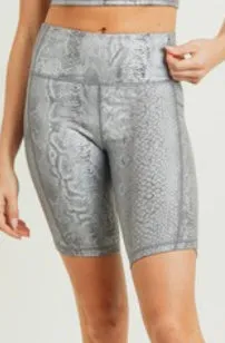 Silver Metallic Snake Print Biker Shorts