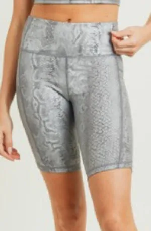 Silver Metallic Snake Print Biker Shorts