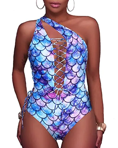 Strappy Cutout Thong One Piece Bathing Suit-Blue-Purple Mermaid Scales
