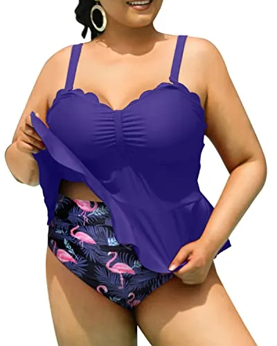 Tummy Control Bathing Suits Scalloped Design For Curvy Women-Blue Flamingo