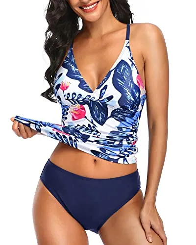 Two Piece Push Up Tankini Top Bathing Suits For Women-White And Blue Floral