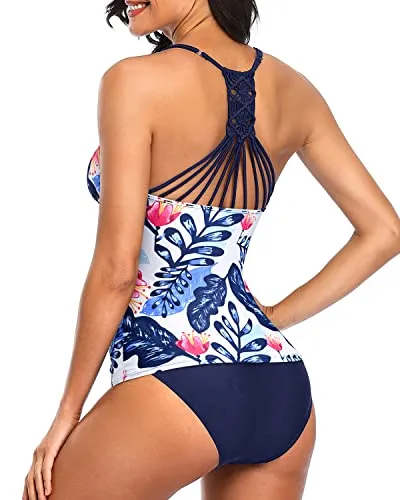 Two Piece Push Up Tankini Top Bathing Suits For Women-White And Blue Floral