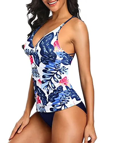 Two Piece Push Up Tankini Top Bathing Suits For Women-White And Blue Floral