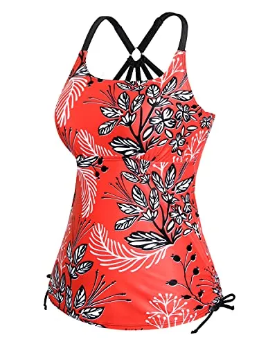 U Neck Tankini Top With Removable Padded Bra Swimsuit Tops For Women-Red Floral