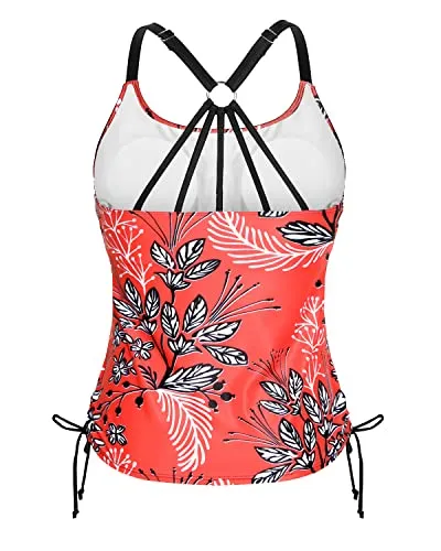 U Neck Tankini Top With Removable Padded Bra Swimsuit Tops For Women-Red Floral