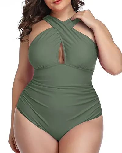 Unique Keyhole Plus Size Swimwear One Piece Retro Style-Olive Green