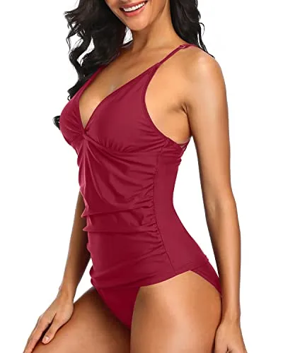 V Neck Tankini Swimsuits For Women Tummy Control 2 Piece Set Bathing Suits-Red