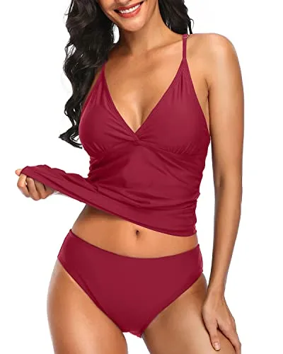 V Neck Tankini Swimsuits For Women Tummy Control 2 Piece Set Bathing Suits-Red