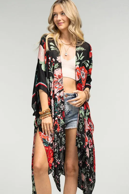 Vibrant Red Floral Summer Kimono