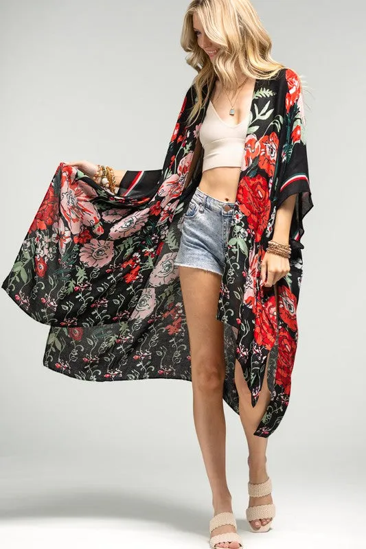 Vibrant Red Floral Summer Kimono