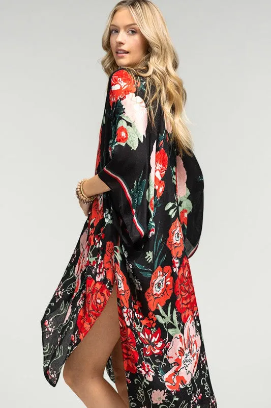 Vibrant Red Floral Summer Kimono