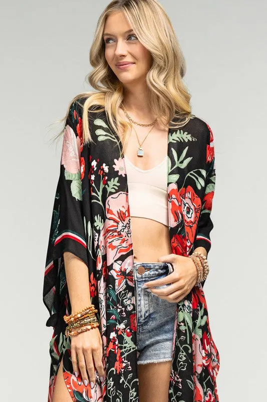 Vibrant Red Floral Summer Kimono