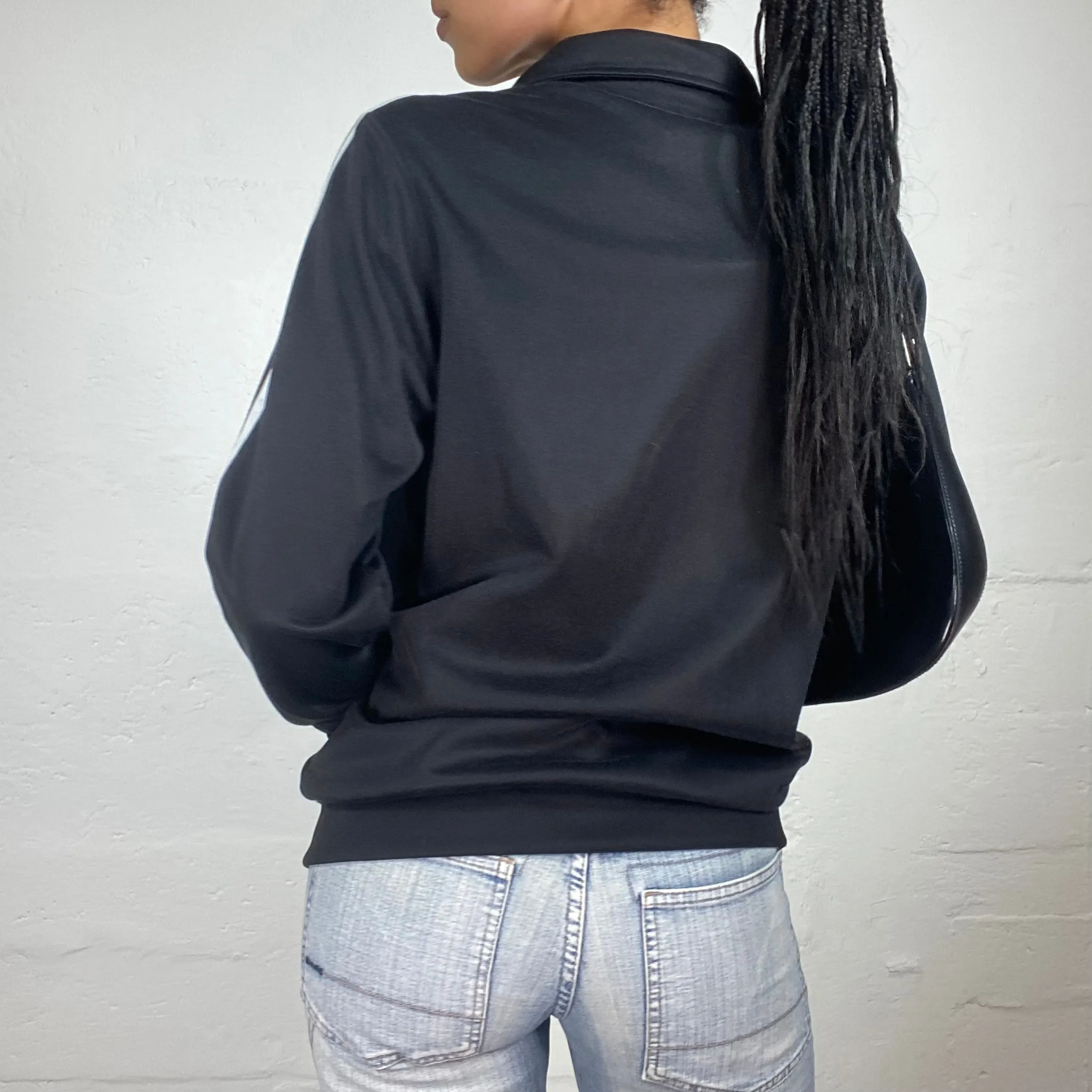 Vintage 2000’s Adidas Classic Black Zip Up Pullover with White Sleeve Stripes and Logo Print (M)